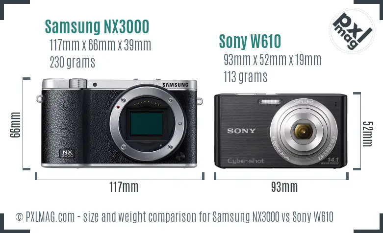 Samsung NX3000 vs Sony W610 size comparison