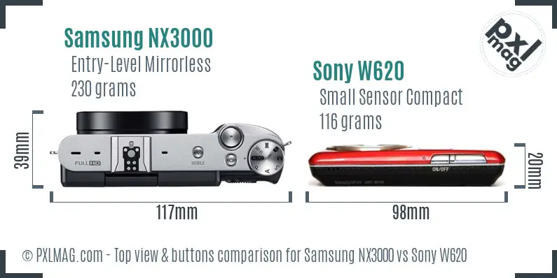 Samsung NX3000 vs Sony W620 top view buttons comparison