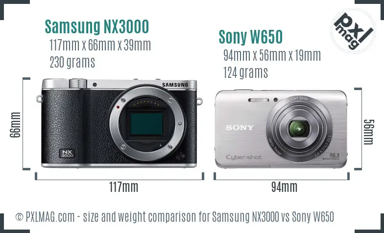 Samsung NX3000 vs Sony W650 size comparison