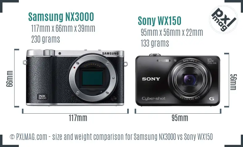 Samsung NX3000 vs Sony WX150 size comparison