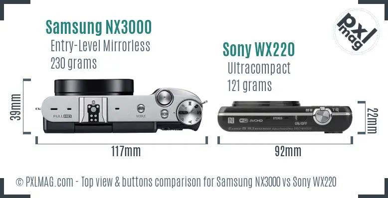Samsung NX3000 vs Sony WX220 top view buttons comparison