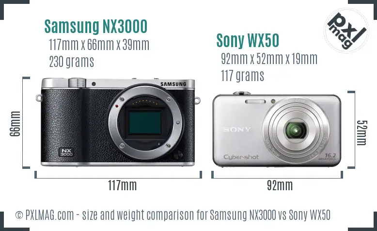 Samsung NX3000 vs Sony WX50 size comparison
