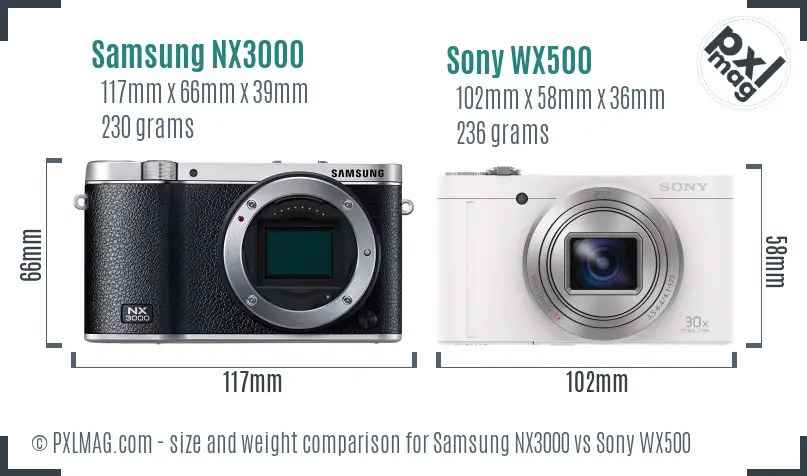 Samsung NX3000 vs Sony WX500 size comparison