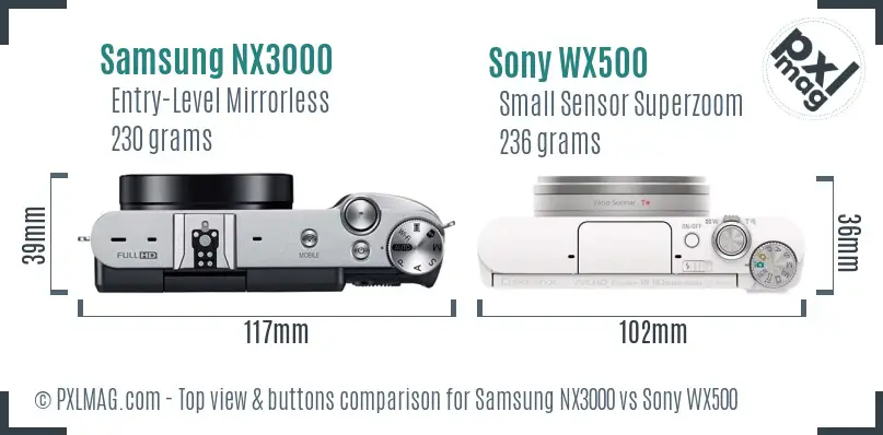 Samsung NX3000 vs Sony WX500 top view buttons comparison