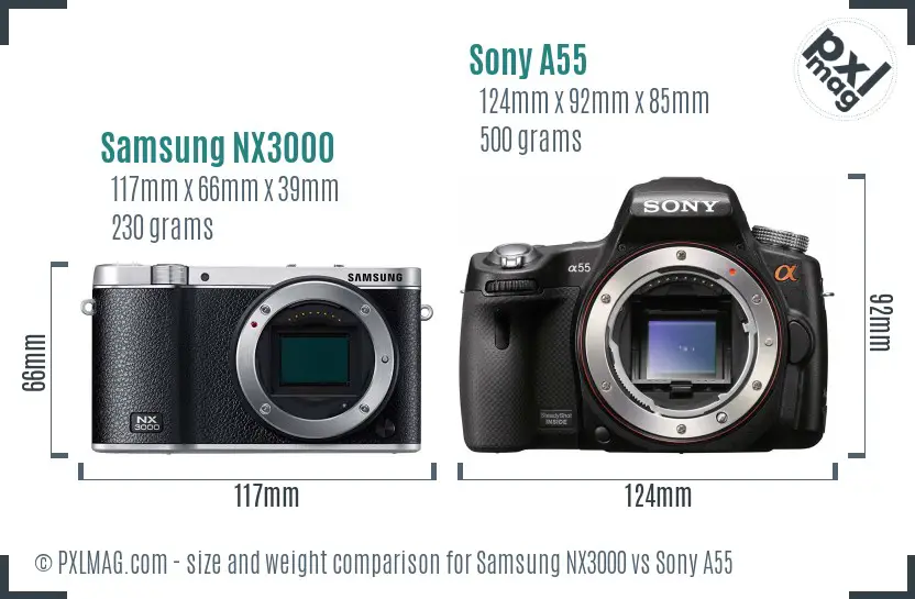 Samsung NX3000 vs Sony A55 size comparison