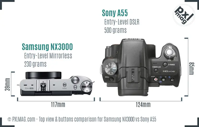 Samsung NX3000 vs Sony A55 top view buttons comparison