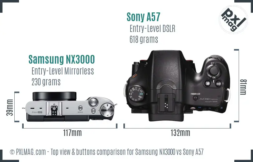 Samsung NX3000 vs Sony A57 top view buttons comparison
