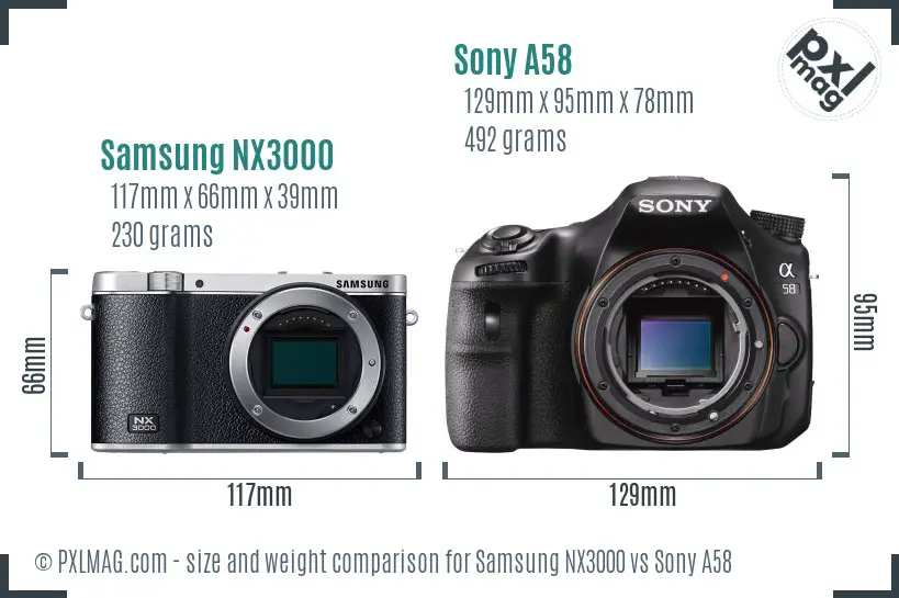 Samsung NX3000 vs Sony A58 size comparison