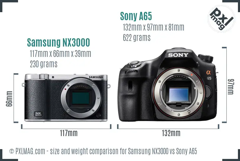 Samsung NX3000 vs Sony A65 size comparison