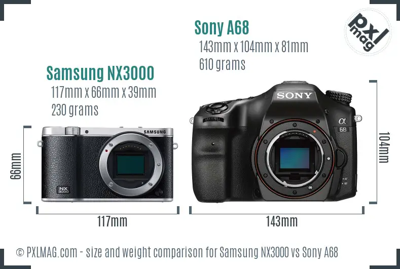 Samsung NX3000 vs Sony A68 size comparison