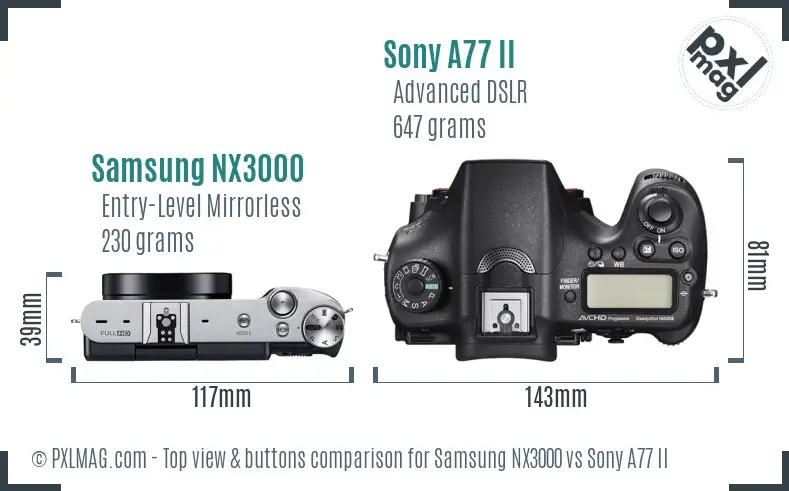 Samsung NX3000 vs Sony A77 II top view buttons comparison