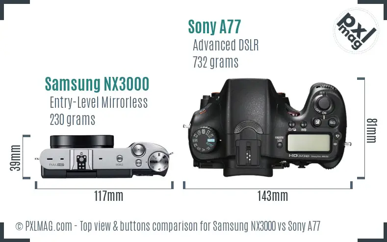 Samsung NX3000 vs Sony A77 top view buttons comparison