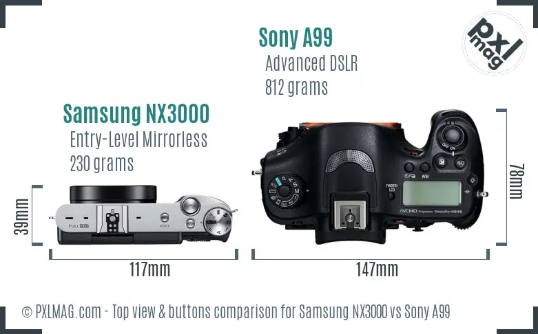 Samsung NX3000 vs Sony A99 top view buttons comparison