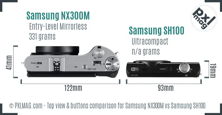 Samsung NX300M vs Samsung SH100 top view buttons comparison Samsung NX300M vs Samsung SH100 top view buttons comparison