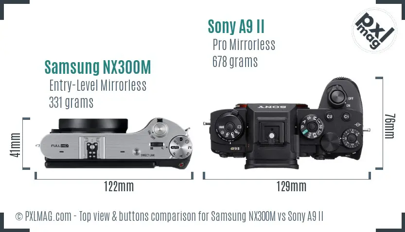 Samsung NX300M vs Sony A9 II top view buttons comparison