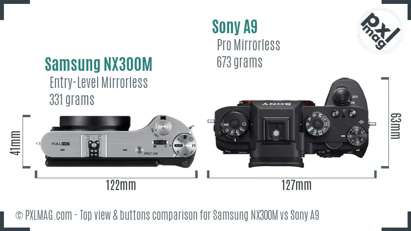 Samsung NX300M vs Sony A9 top view buttons comparison