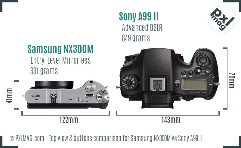 Samsung NX300M vs Sony A99 II top view buttons comparison