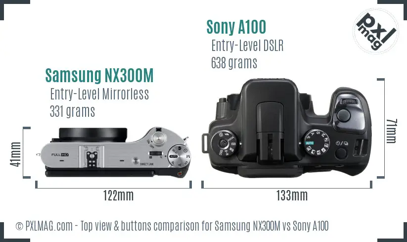 Samsung NX300M vs Sony A100 top view buttons comparison