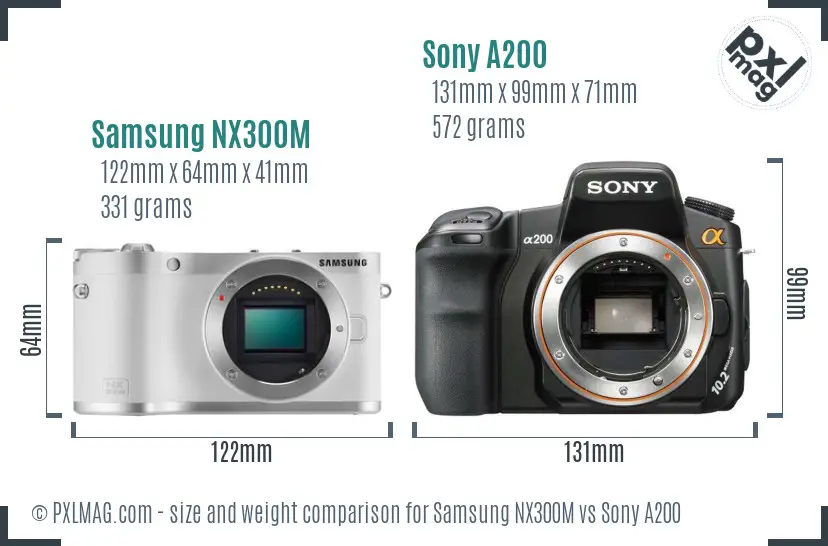 Samsung NX300M vs Sony A200 size comparison