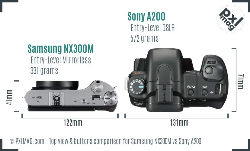 Samsung NX300M vs Sony A200 top view buttons comparison