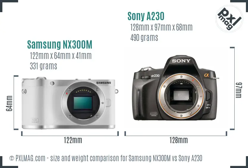 Samsung NX300M vs Sony A230 size comparison