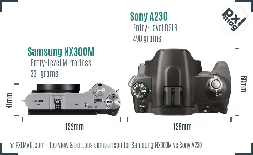 Samsung NX300M vs Sony A230 top view buttons comparison