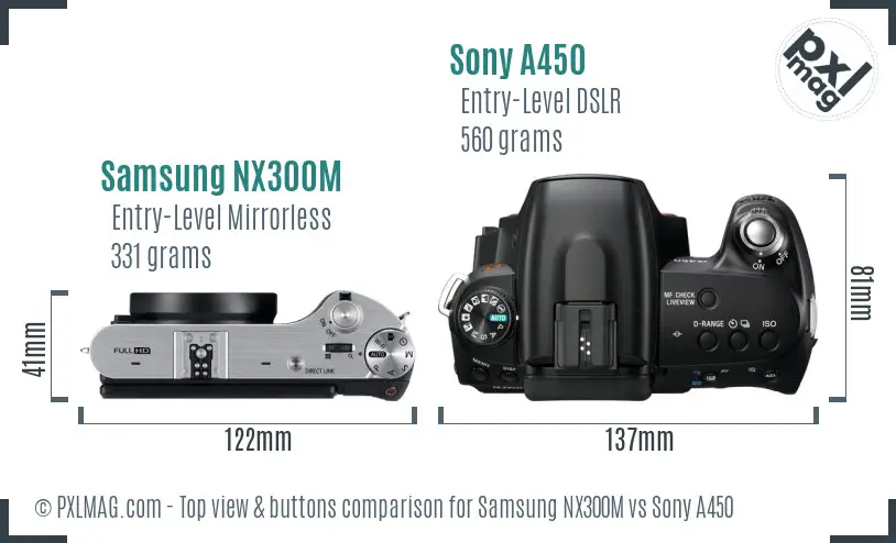 Samsung NX300M vs Sony A450 top view buttons comparison