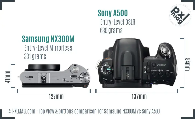 Samsung NX300M vs Sony A500 top view buttons comparison