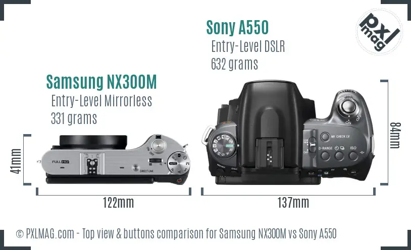 Samsung NX300M vs Sony A550 top view buttons comparison
