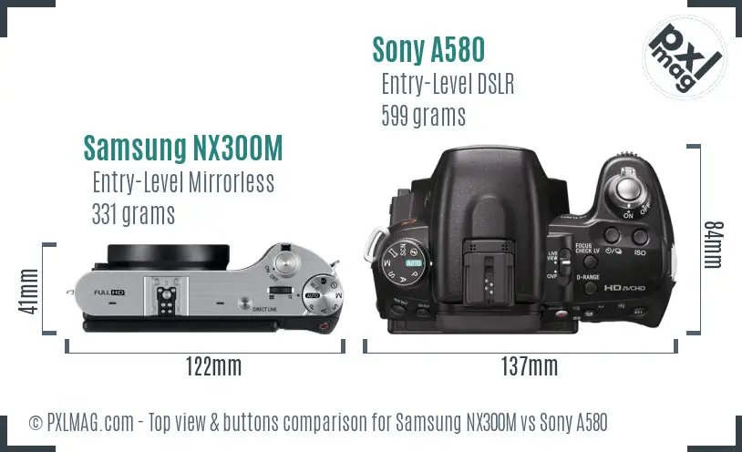 Samsung NX300M vs Sony A580 top view buttons comparison