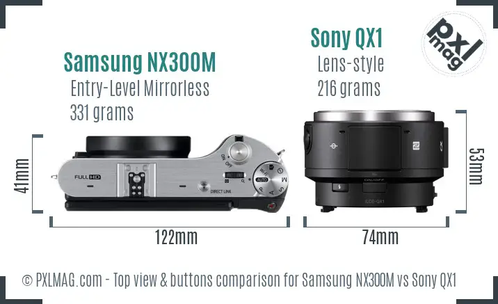 Samsung NX300M vs Sony QX1 top view buttons comparison Samsung NX300M vs Sony QX1 top view buttons comparison