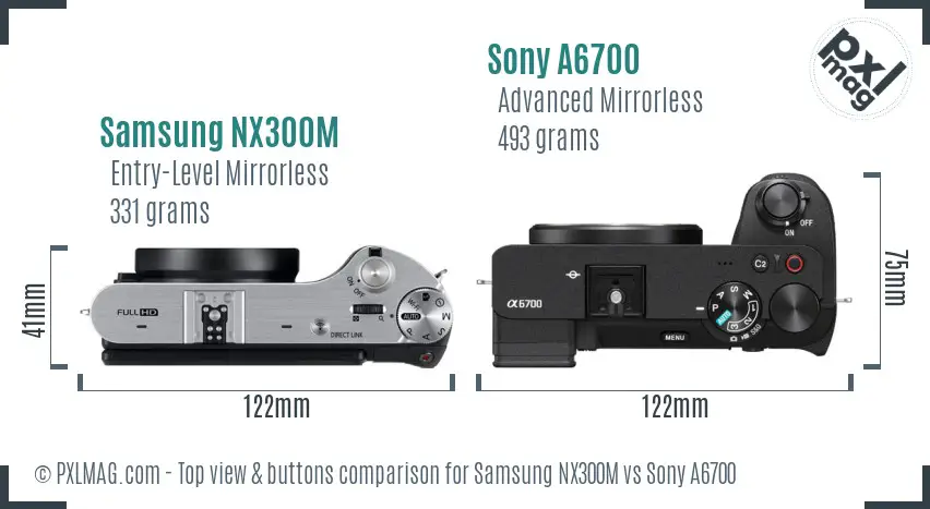 Samsung NX300M vs Sony A6700 top view buttons comparison Samsung NX300M vs Sony A6700 top view buttons comparison
