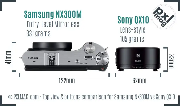 Samsung NX300M vs Sony QX10 top view buttons comparison Samsung NX300M vs Sony QX10 top view buttons comparison