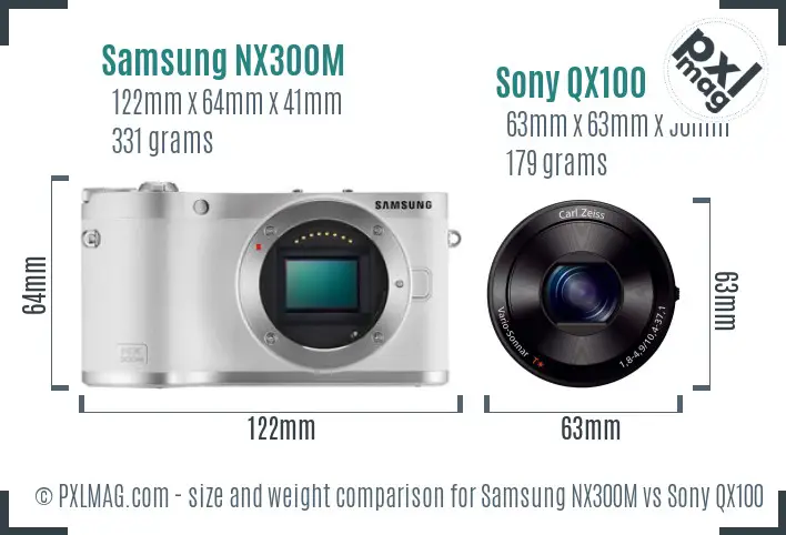 Samsung NX300M vs Sony QX100 size comparison