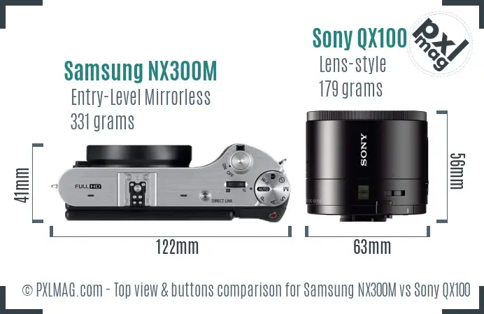 Samsung NX300M vs Sony QX100 top view buttons comparison