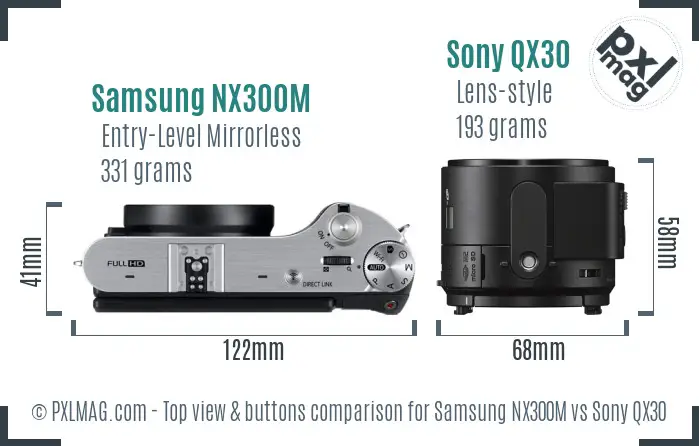 Samsung NX300M vs Sony QX30 top view buttons comparison