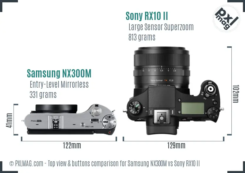 Samsung NX300M vs Sony RX10 II top view buttons comparison