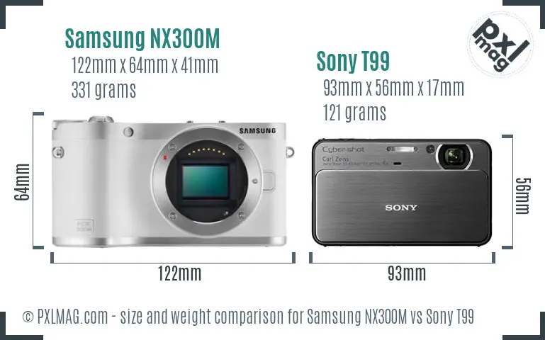 Samsung NX300M vs Sony T99 size comparison