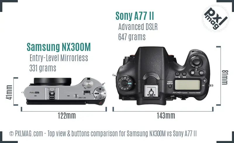 Samsung NX300M vs Sony A77 II top view buttons comparison