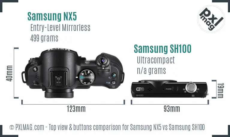 Samsung NX5 vs Samsung SH100 top view buttons comparison