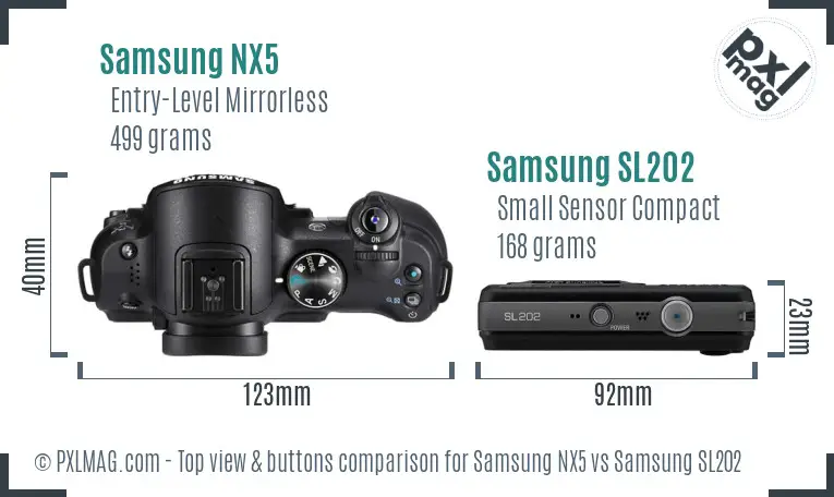 Samsung NX5 vs Samsung SL202 top view buttons comparison