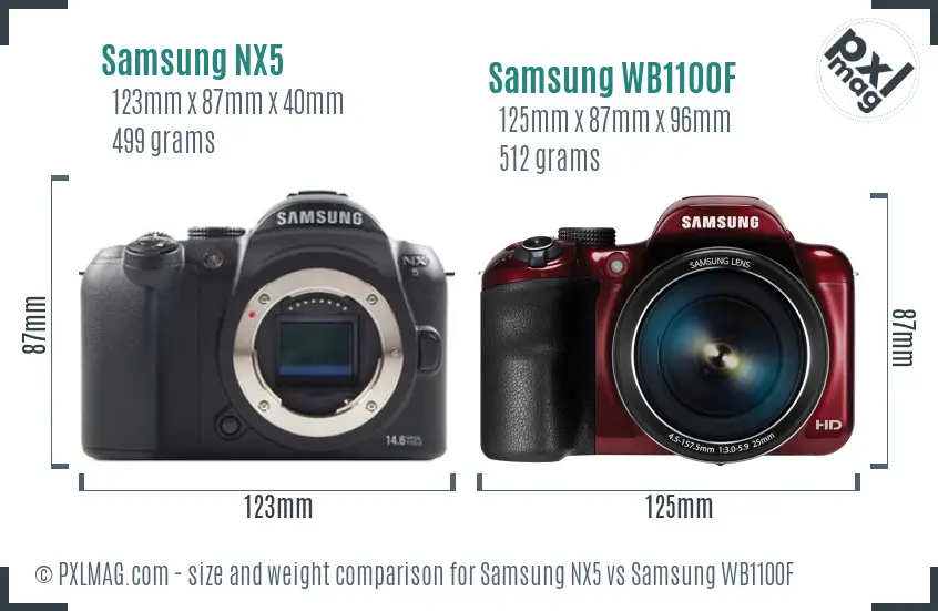 Samsung NX5 vs Samsung WB1100F size comparison