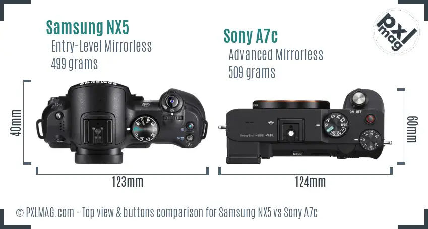 Samsung NX5 vs Sony A7c top view buttons comparison