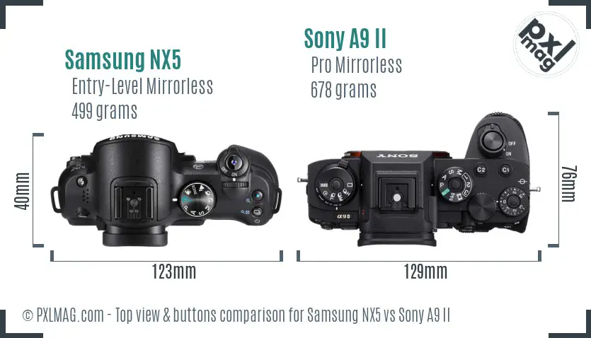 Samsung NX5 vs Sony A9 II top view buttons comparison