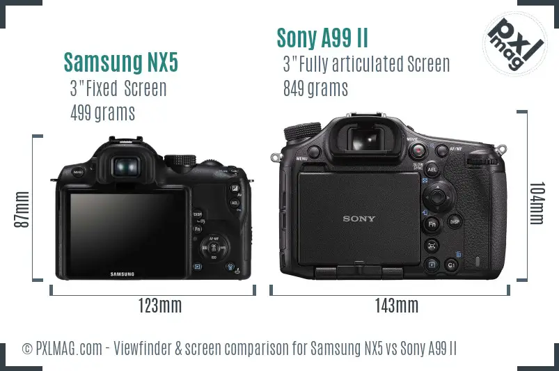 Samsung NX5 vs Sony A99 II Screen and Viewfinder comparison