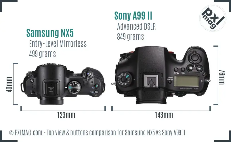 Samsung NX5 vs Sony A99 II top view buttons comparison