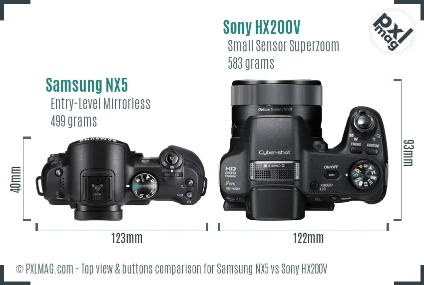 Samsung NX5 vs Sony HX200V top view buttons comparison Samsung NX5 vs Sony HX200V top view buttons comparison