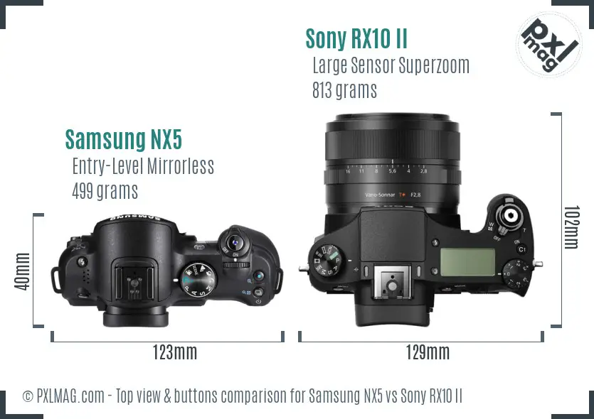 Samsung NX5 vs Sony RX10 II top view buttons comparison