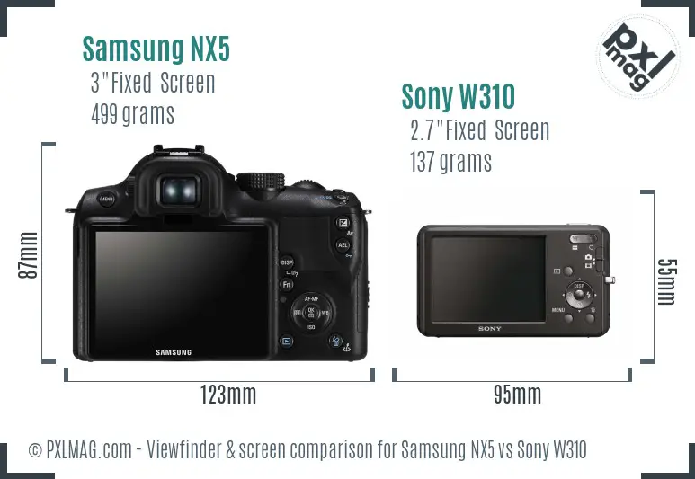 Samsung NX5 vs Sony W310 Screen and Viewfinder comparison