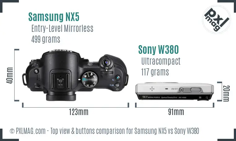 Samsung NX5 vs Sony W380 top view buttons comparison